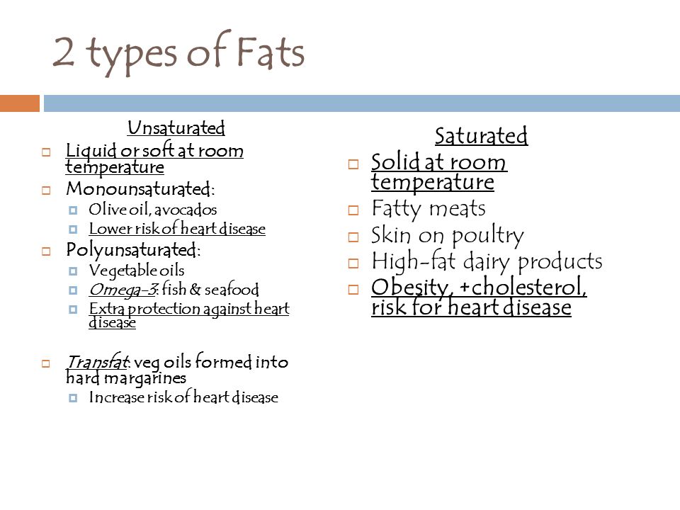 2 types of Fats Saturated Solid at room temperature Fatty meats