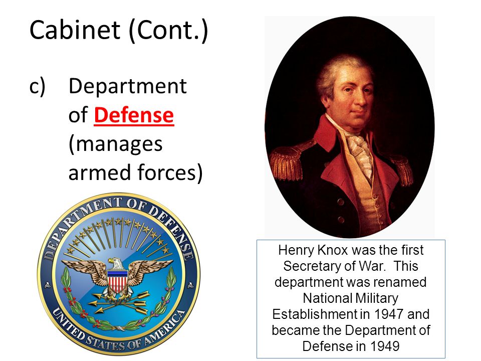 Cabinet (Cont.) Department of Defense (manages armed forces)