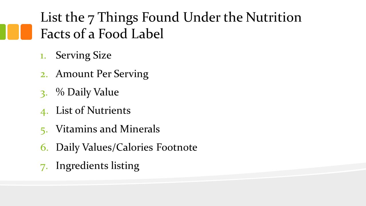 List the 7 Things Found Under the Nutrition Facts of a Food Label