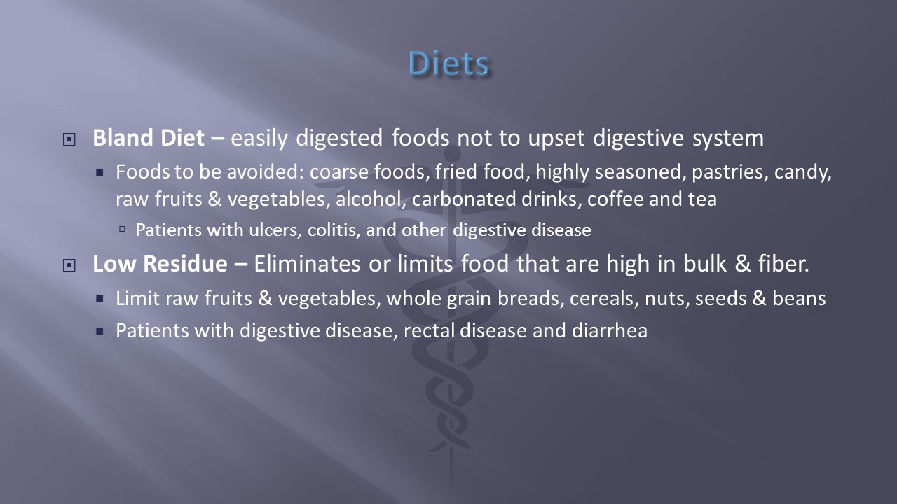 Diets Bland Diet – easily digested foods not to upset digestive system