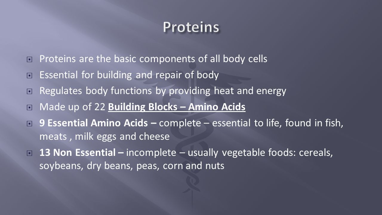 Proteins Proteins are the basic components of all body cells
