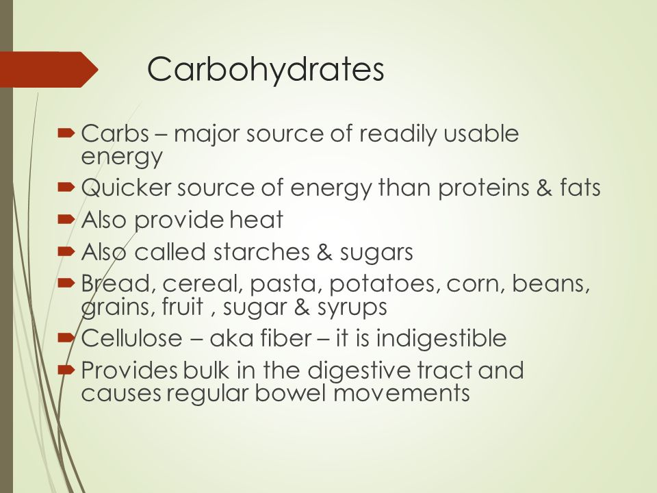 Carbohydrates Carbs – major source of readily usable energy
