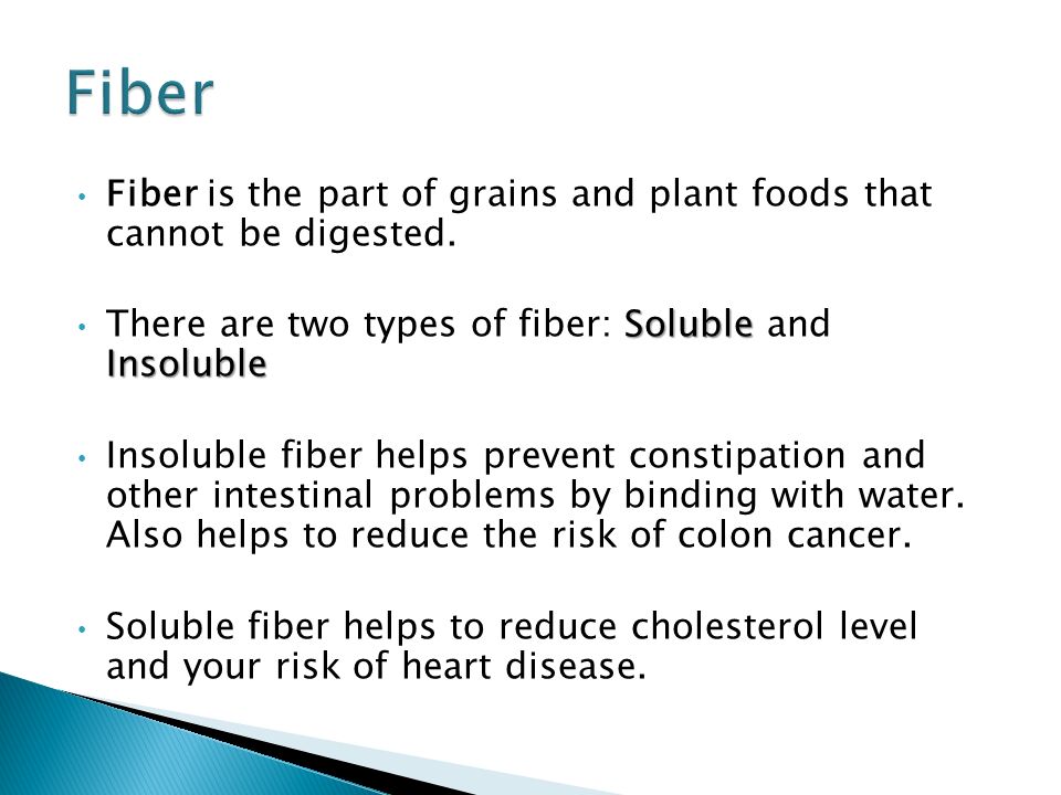 Fiber Fiber is the part of grains and plant foods that cannot be digested. There are two types of fiber: Soluble and Insoluble.