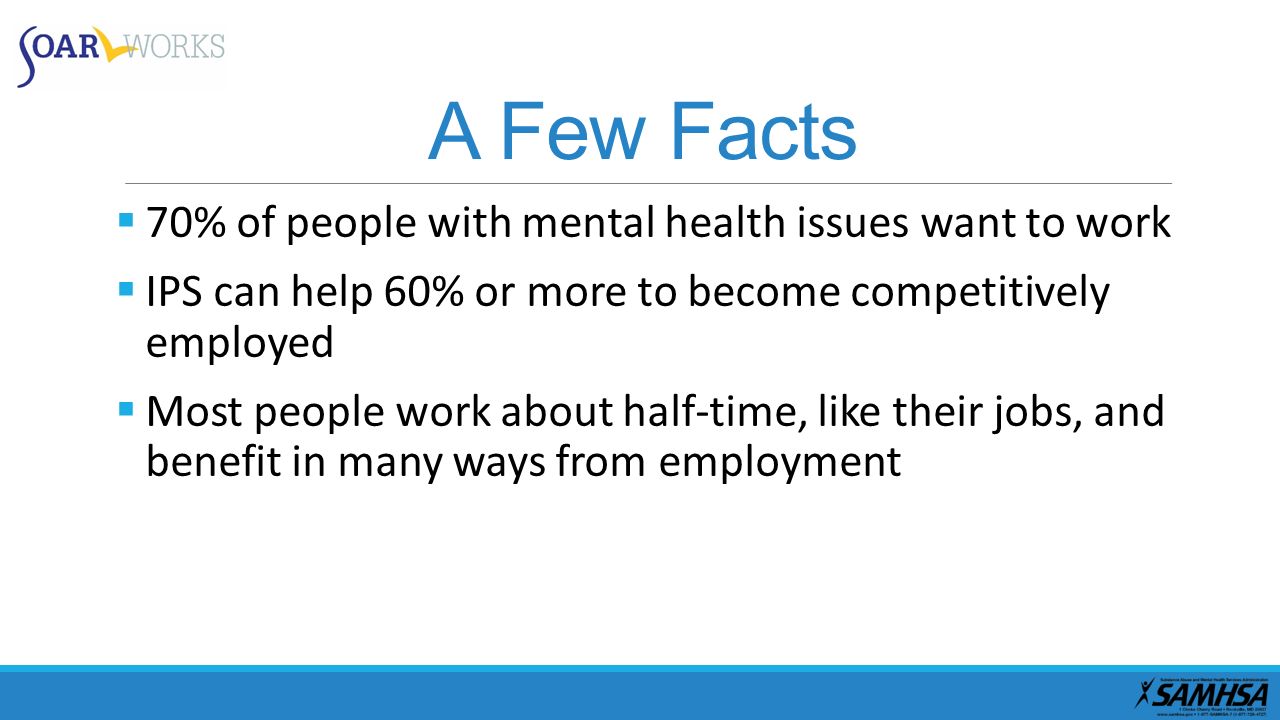 A Few Facts 70% of people with mental health issues want to work