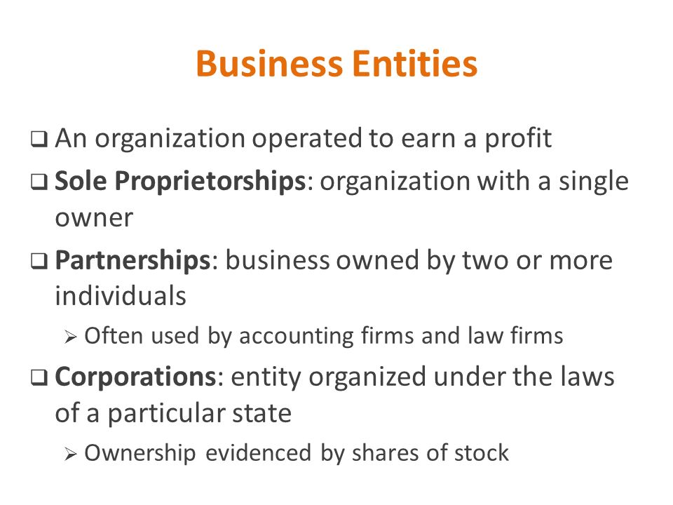 Business Entities An organization operated to earn a profit