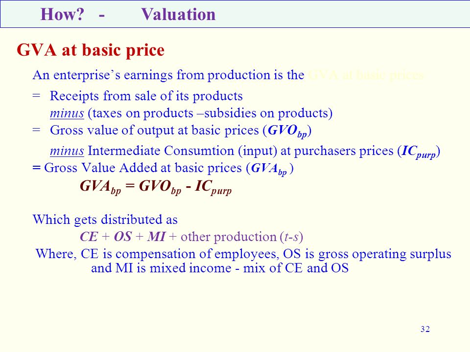 How - Valuation GVA at basic price GVAbp = GVObp - ICpurp