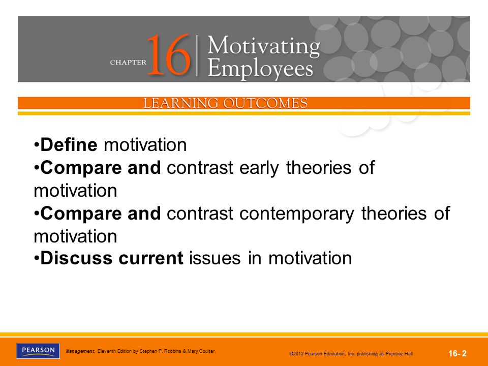 Define motivation Compare and contrast early theories of motivation. Compare and contrast contemporary theories of motivation.
