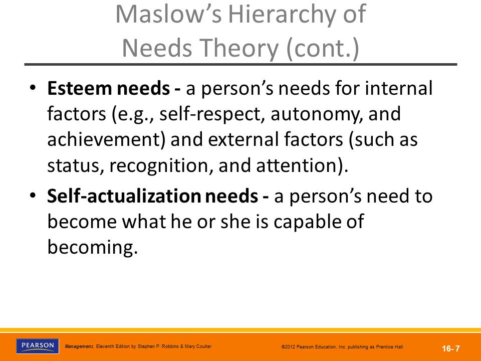Maslow’s Hierarchy of Needs Theory (cont.)