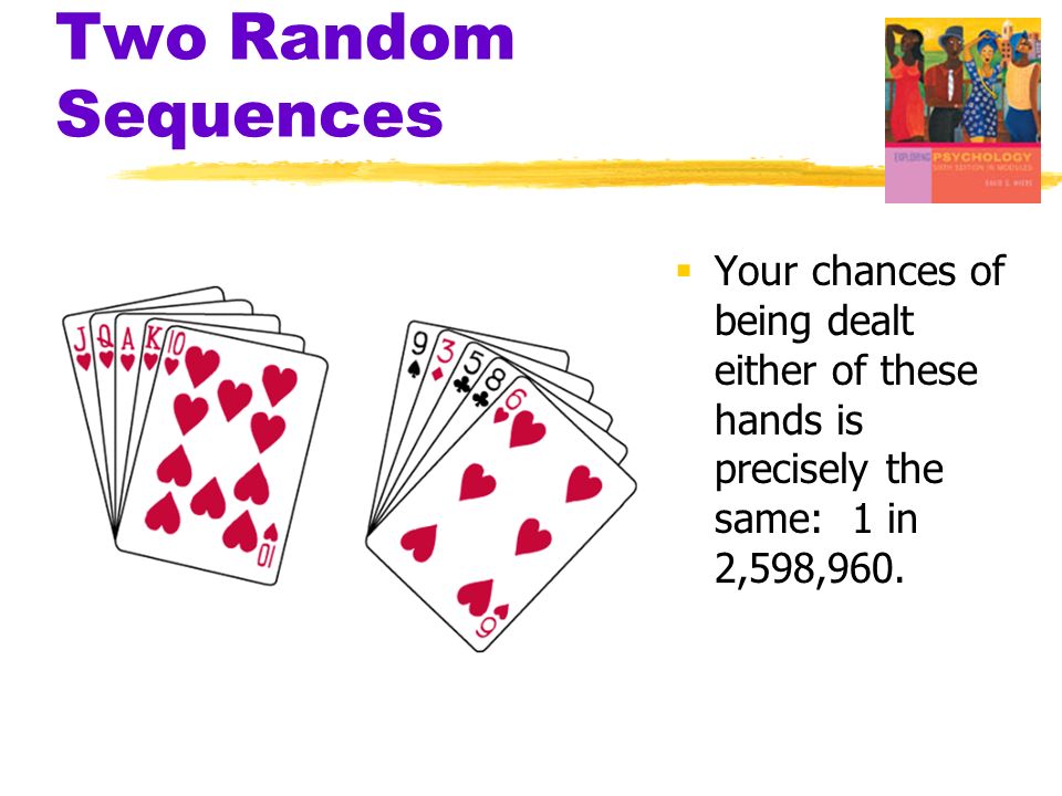 Two Random Sequences Your chances of being dealt either of these hands is precisely the same: 1 in 2,598,960.