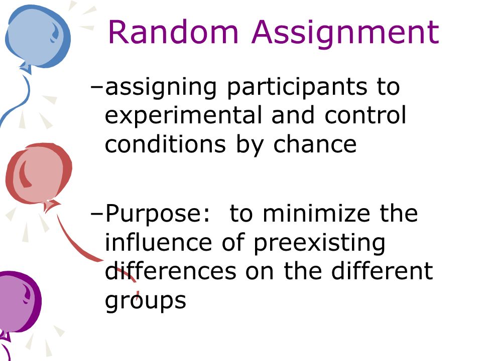 Random Assignment assigning participants to experimental and control conditions by chance.