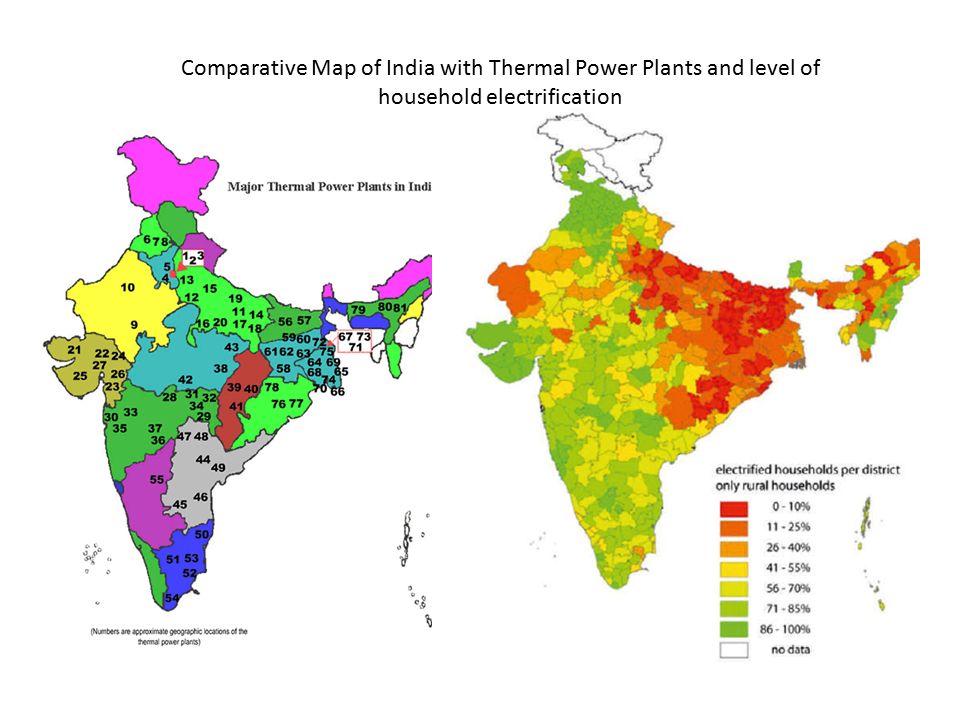 Comparative Map of India with Thermal Power Plants and level of household electrification