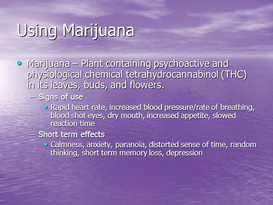 Using Marijuana Marijuana – Plant containing psychoactive and physiological chemical tetrahydrocannabinol (THC) in its leaves, buds, and flowers.