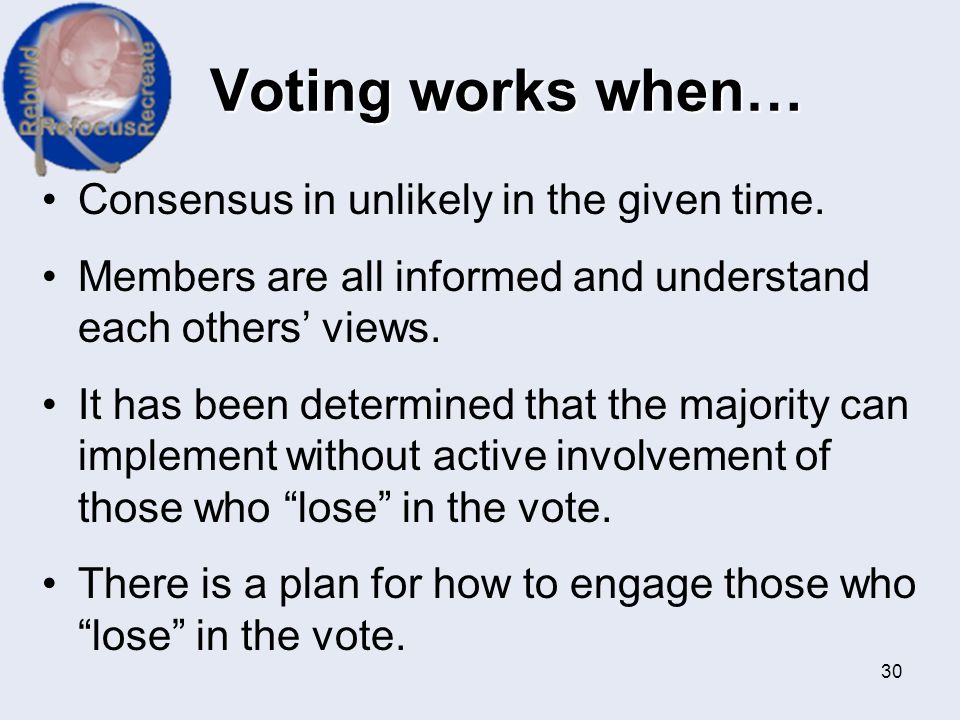 Voting works when… Consensus in unlikely in the given time.