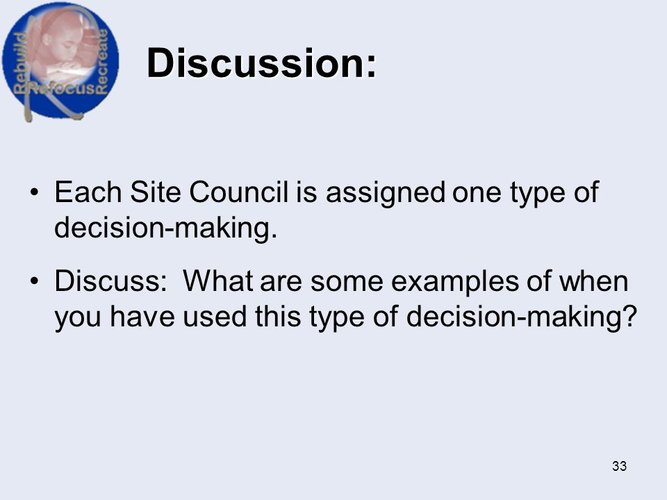Discussion: Each Site Council is assigned one type of decision-making.