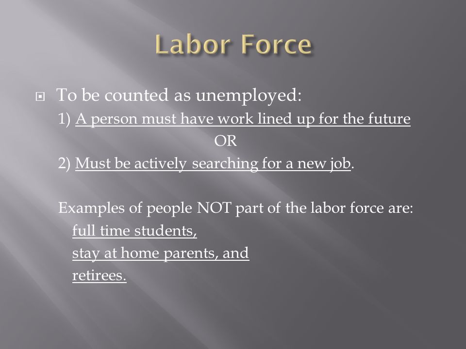 Labor Force To be counted as unemployed: