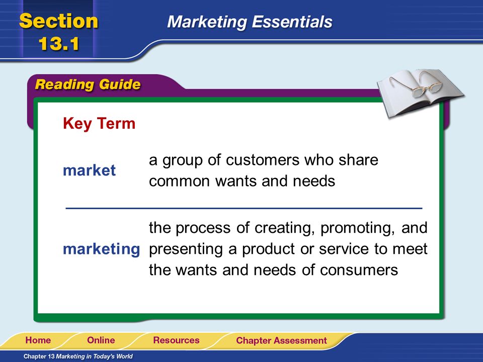 Key Term a group of customers who share common wants and needs. market.