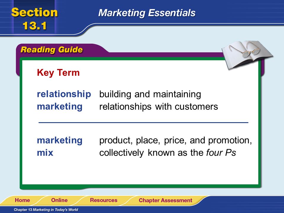Key Term relationship marketing. building and maintaining relationships with customers. marketing mix.
