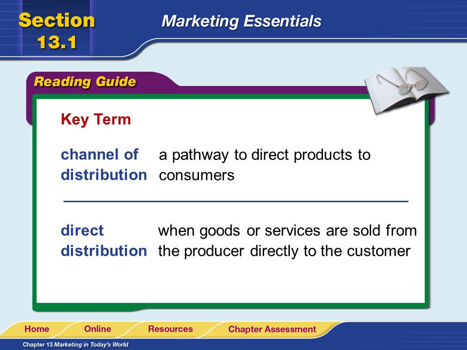 Key Term channel of distribution. a pathway to direct products to consumers. direct distribution.