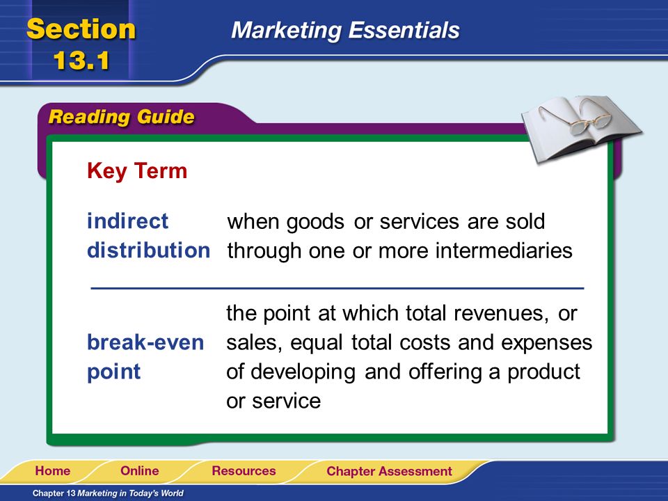 Key Term indirect distribution. when goods or services are sold through one or more intermediaries.