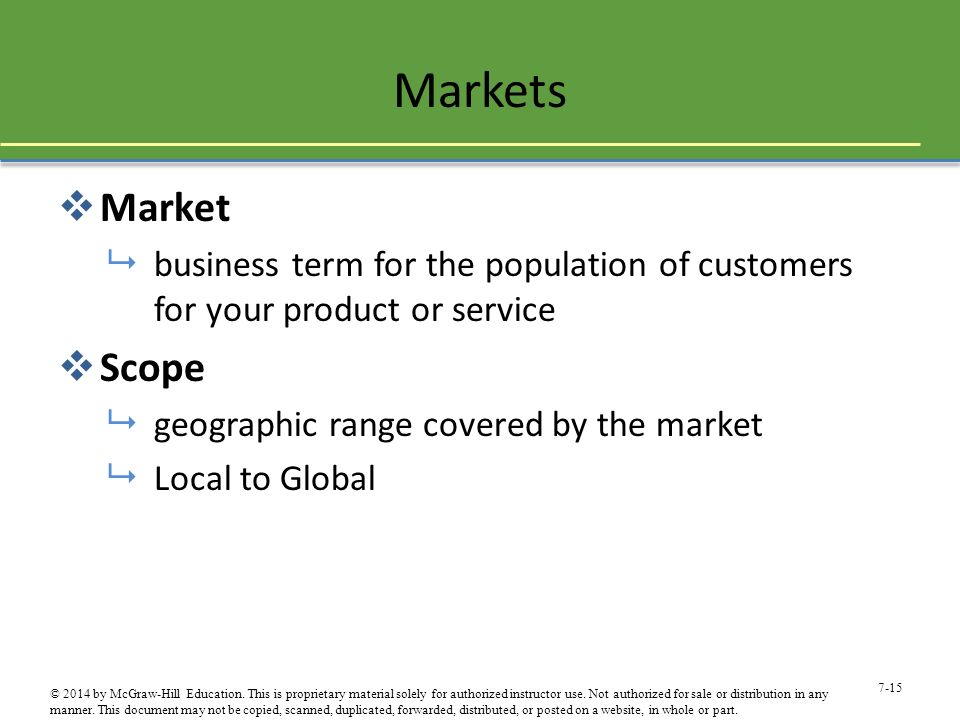Markets Market. business term for the population of customers for your product or service. Scope.