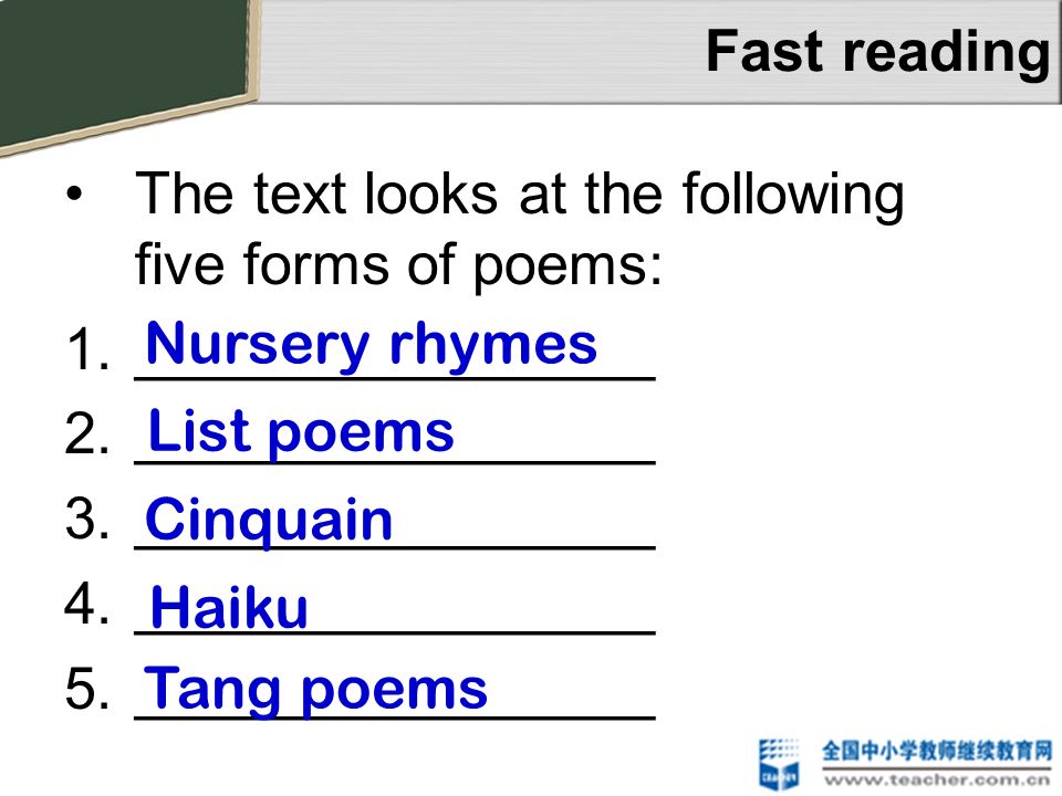 Fast reading The text looks at the following five forms of poems: ________________. Nursery rhymes.