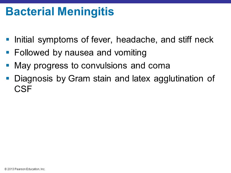 Bacterial Meningitis Initial symptoms of fever, headache, and stiff neck. Followed by nausea and vomiting.