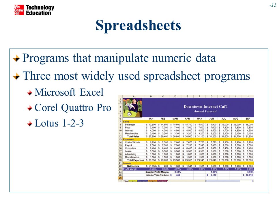 Spreadsheets Programs that manipulate numeric data