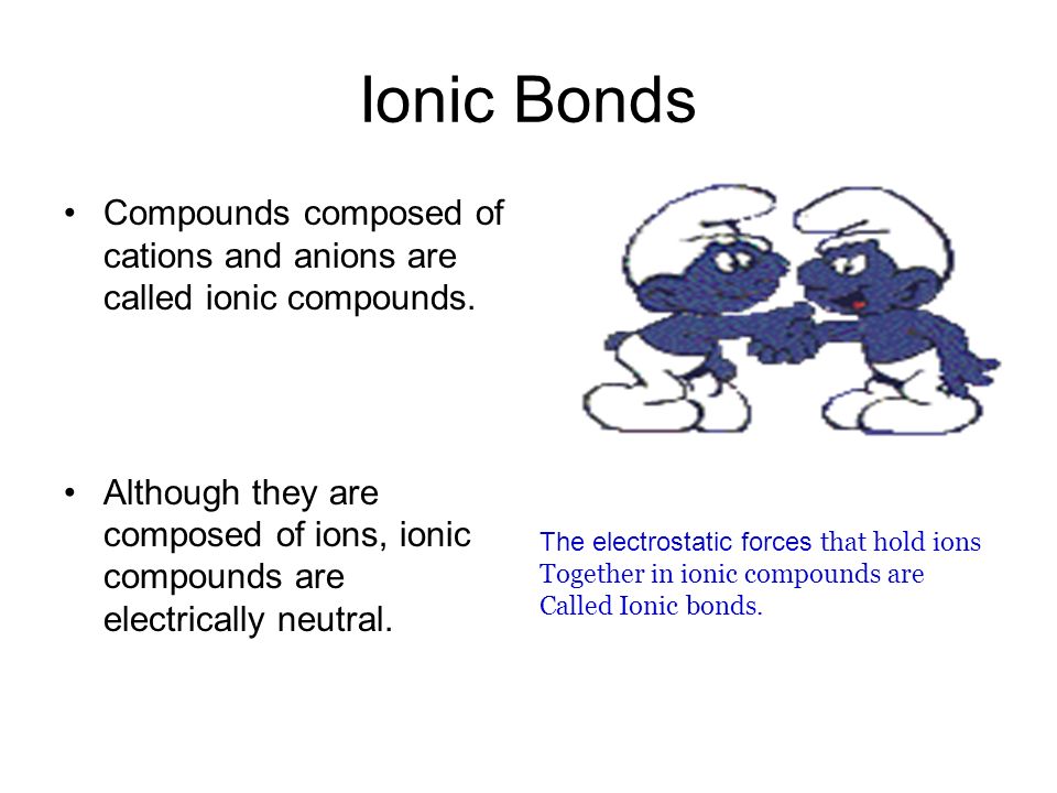 Ionic Bonds Compounds composed of cations and anions are called ionic compounds.