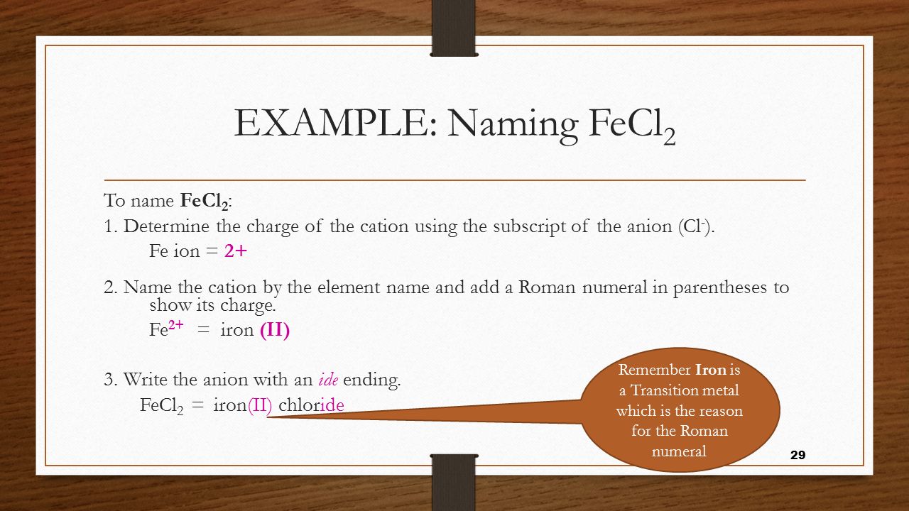 EXAMPLE: Naming FeCl2 To name FeCl2: