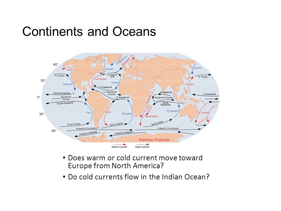 Continents and Oceans Does warm or cold current move toward Europe from North America.