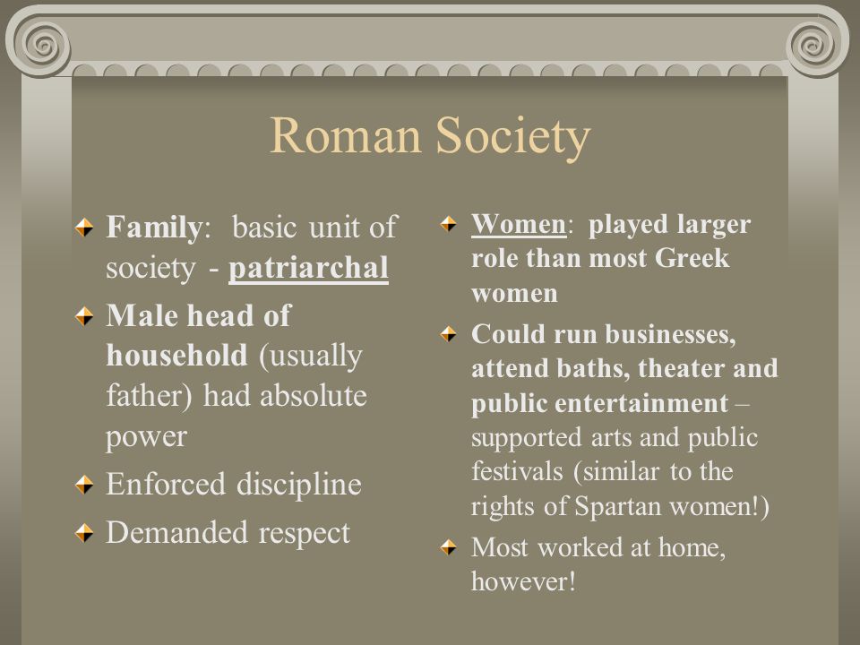 Roman Society Family: basic unit of society - patriarchal