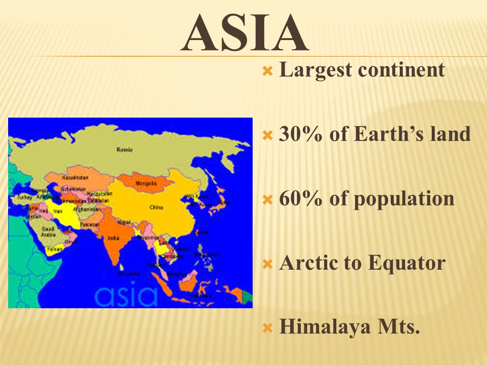 Asia Largest continent 30% of Earth’s land 60% of population