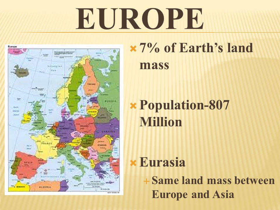Europe 7% of Earth’s land mass Population-807 Million Eurasia