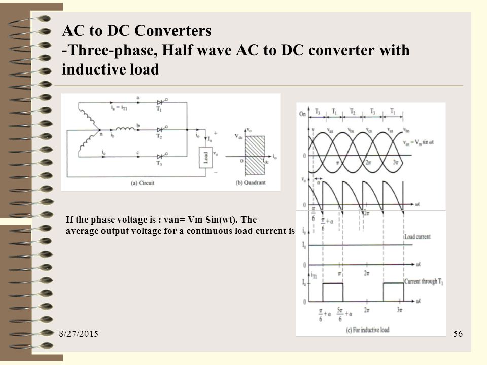 4/20/2017 AC to DC Converters -Three-phase, Half wave AC to DC converter with inductive load. If the phase voltage is : van= Vm Sin(wt). The.