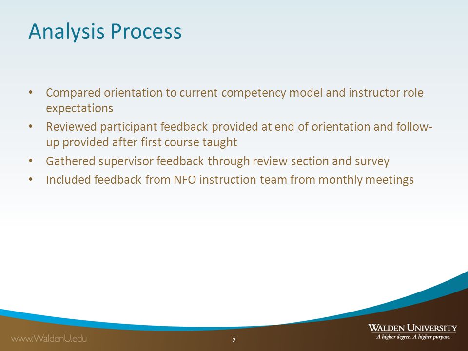 Analysis Process Compared orientation to current competency model and instructor role expectations.