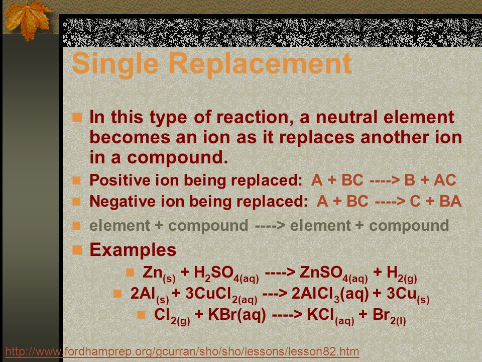 Single Replacement In this type of reaction, a neutral element becomes an ion as it replaces another ion in a compound.