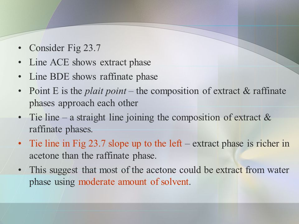 Consider Fig 23.7 Line ACE shows extract phase. Line BDE shows raffinate phase.