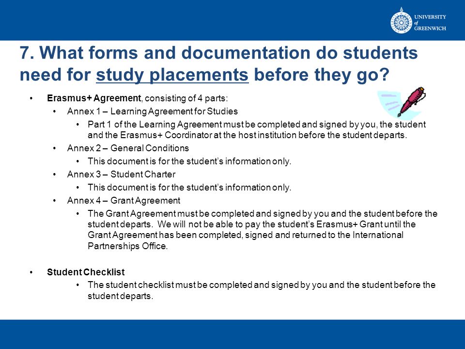 7. What forms and documentation do students need for study placements before they go