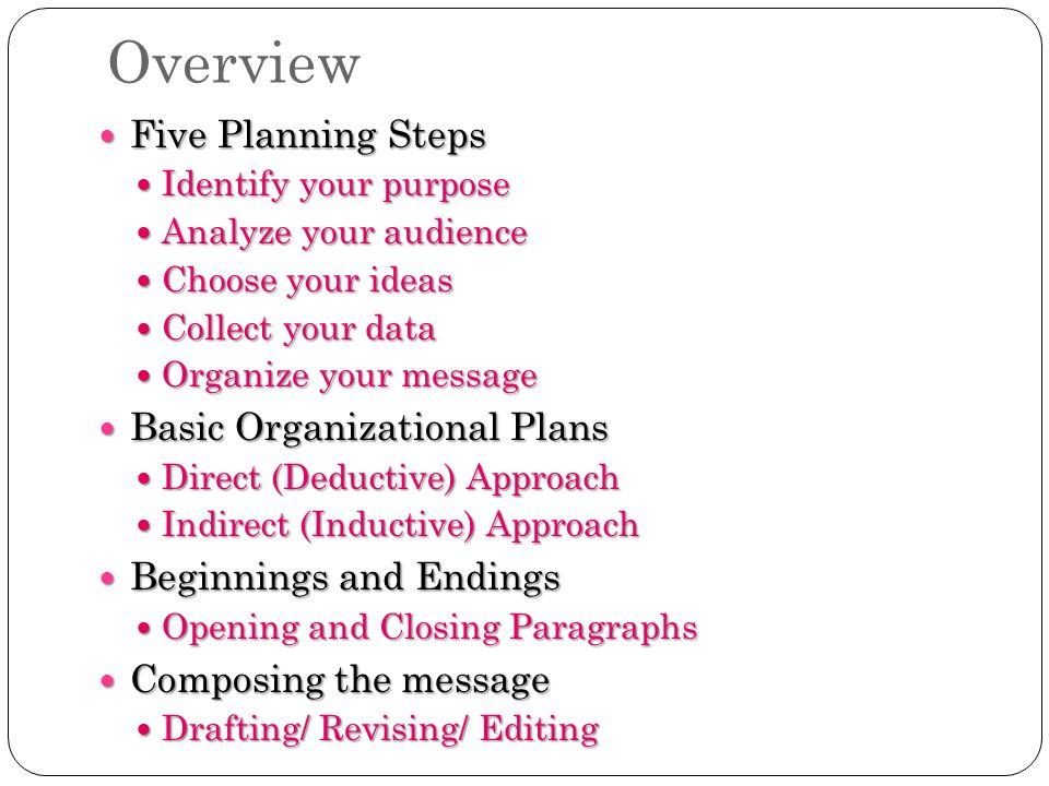 Overview Five Planning Steps Basic Organizational Plans