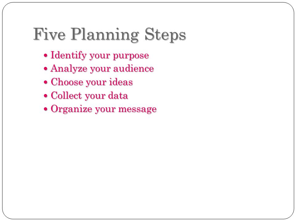 Five Planning Steps Identify your purpose Analyze your audience
