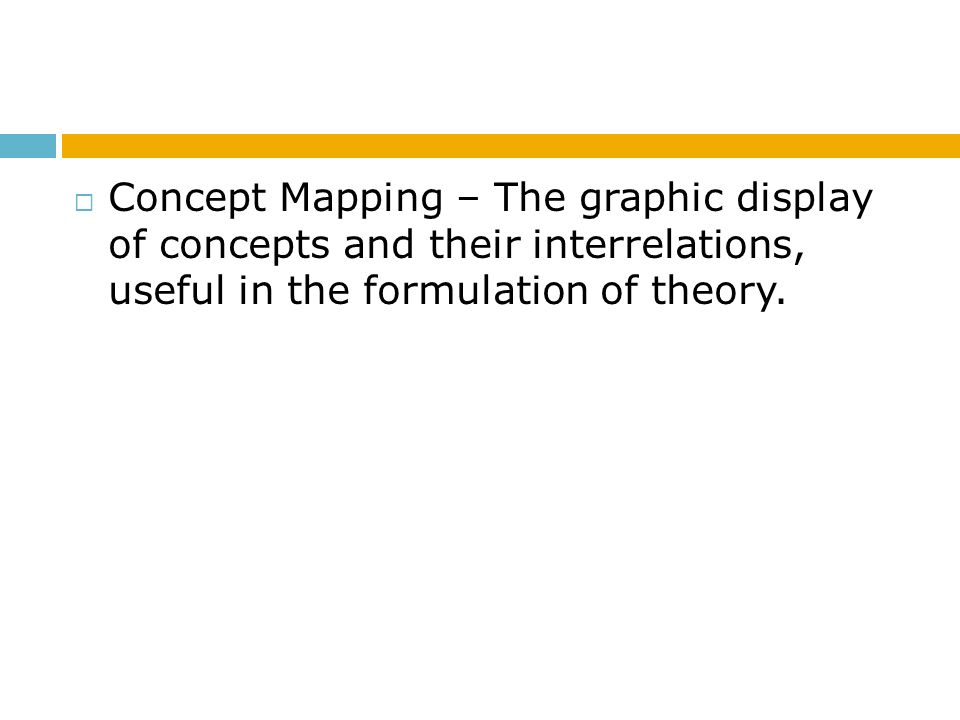 Concept Mapping – The graphic display of concepts and their interrelations, useful in the formulation of theory.