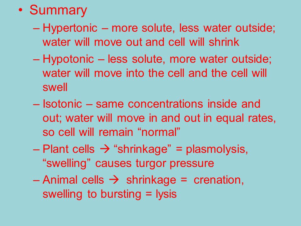 Summary Hypertonic – more solute, less water outside; water will move out and cell will shrink.