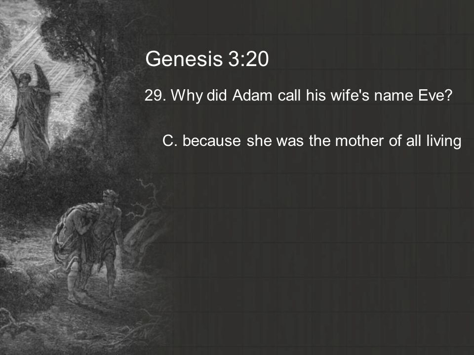 Genesis 3: Why did Adam call his wife s name Eve C. because she was the mother of all living