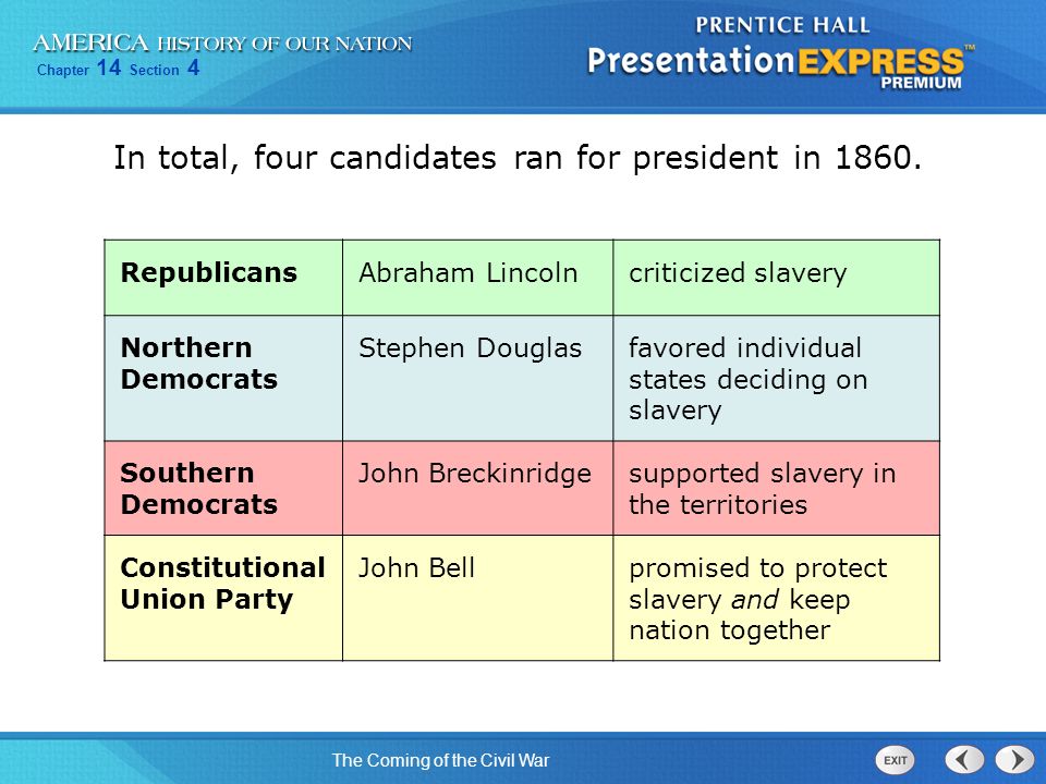 In total, four candidates ran for president in 1860.