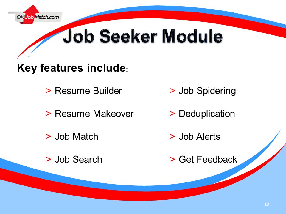 Job Seeker Module Key features include: Resume Builder Resume Makeover