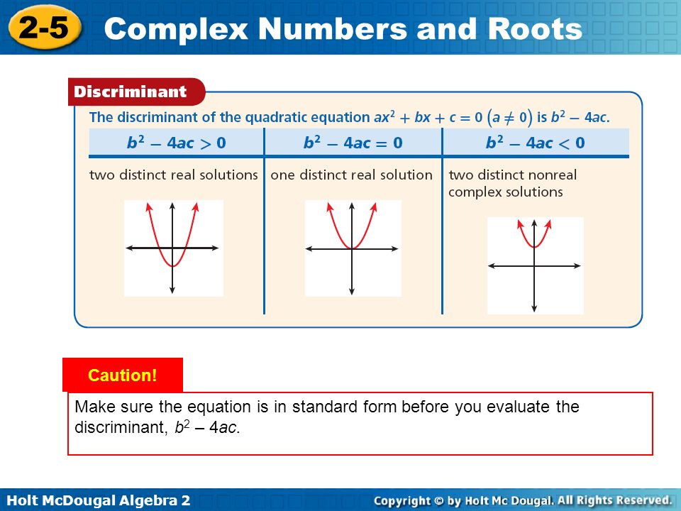 Make sure the equation is in standard form before you evaluate the discriminant, b2 – 4ac.