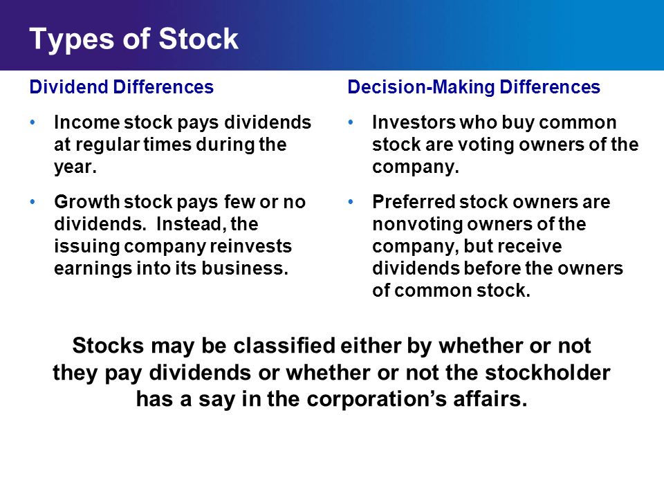 Types of Stock Dividend Differences. Income stock pays dividends at regular times during the year.