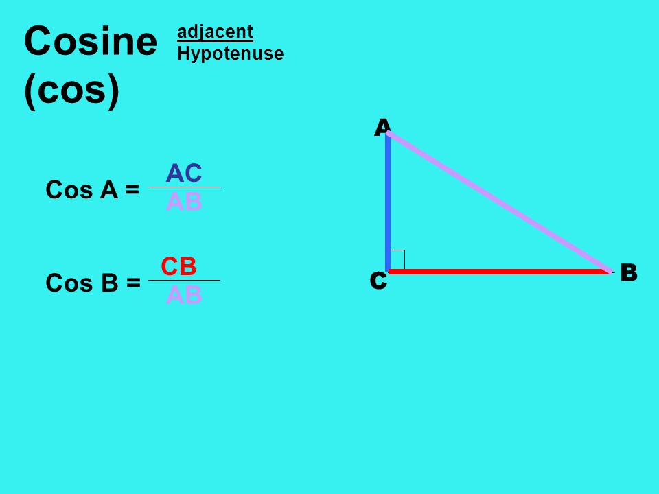 Cosine (cos) adjacent Hypotenuse A C B AC Cos A = AB CB Cos B = AB