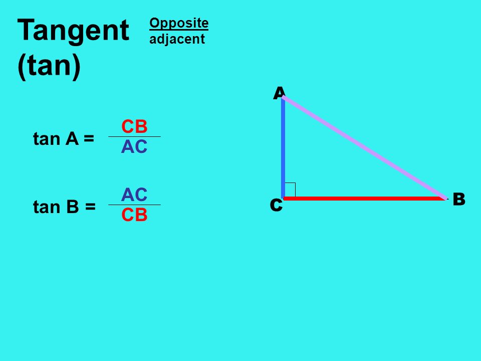 Tangent (tan) Opposite adjacent A C B CB tan A = AC AC tan B = CB