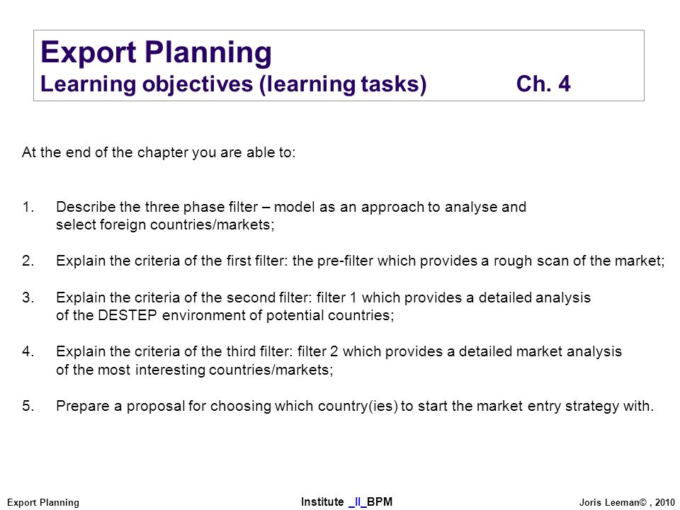 Export Planning Learning objectives (learning tasks) Ch. 4